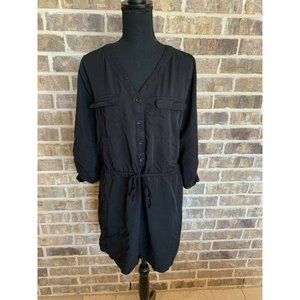 Max Studio button front dress black long sleeves roll tab size large drawstring